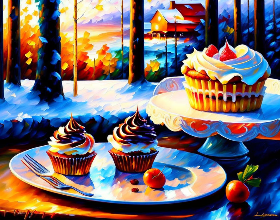 Colorful winter landscape with cupcakes in foreground