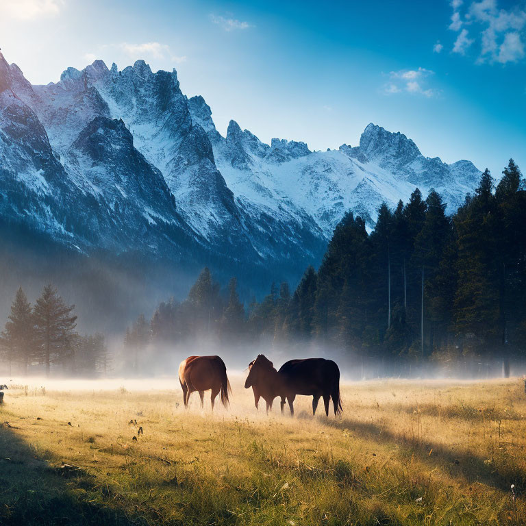 Misty meadow with grazing cows, forest, and snow-capped mountains