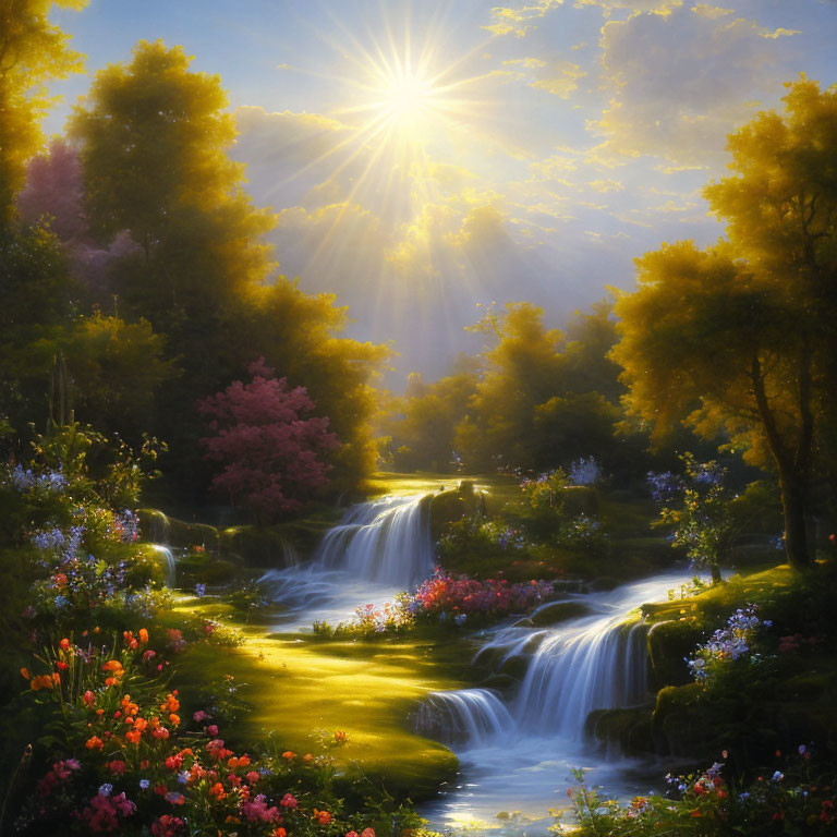 Tranquil landscape with cascading stream and vibrant flora