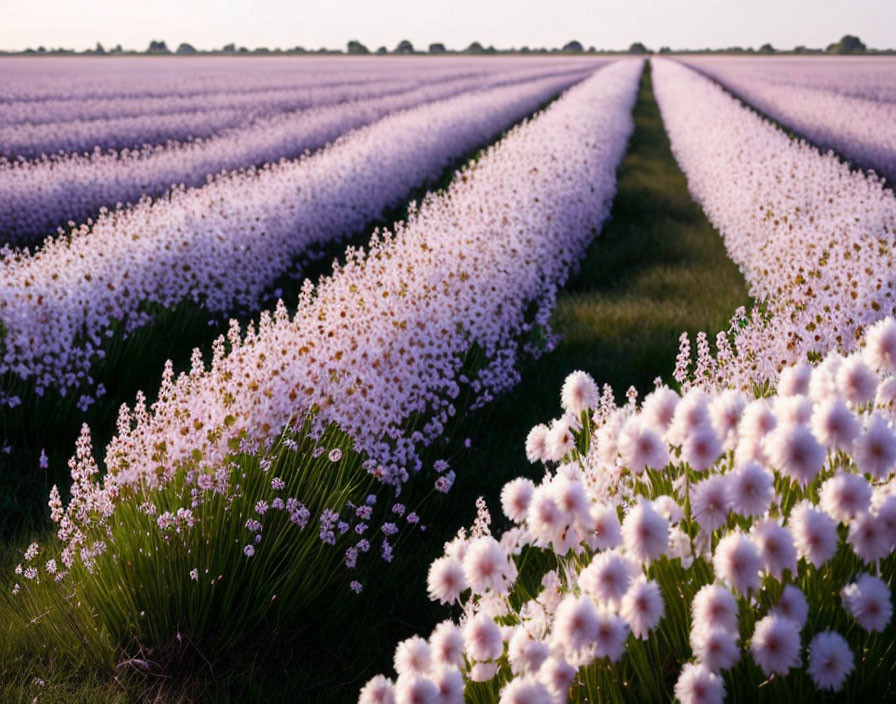 Field of Blooming Purple Flowers with Grass Pathway at Dusk