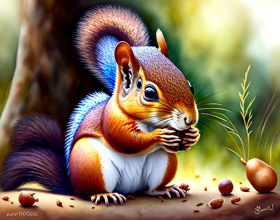 Colorful Squirrel Eating Nut in Vibrant Forest Setting