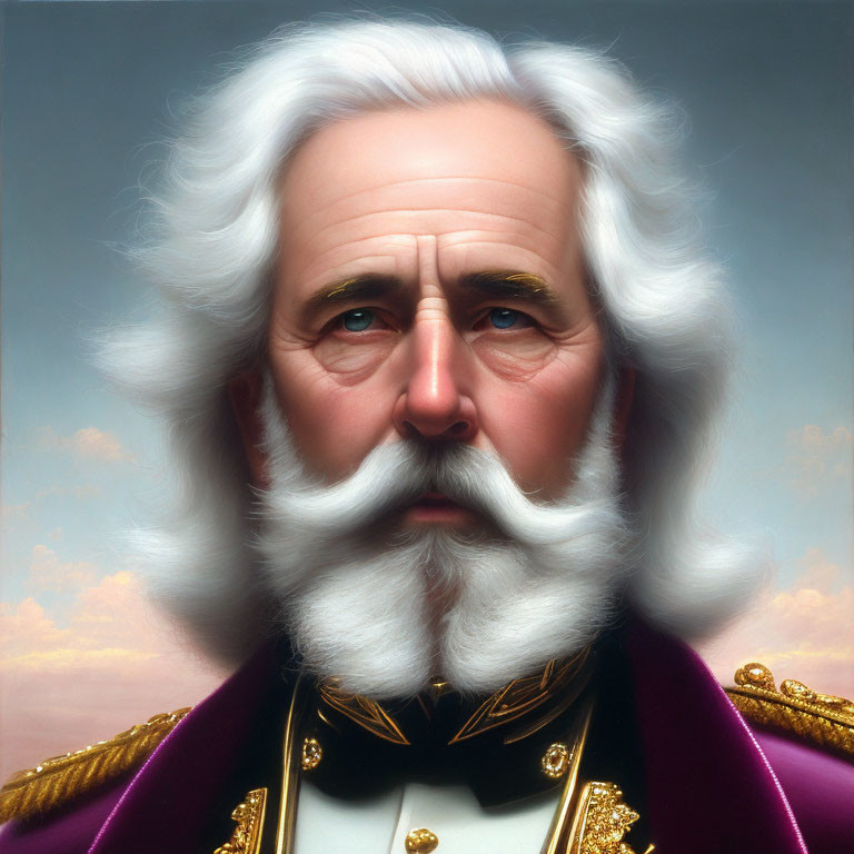 Elderly man in purple military uniform with medals on sky background