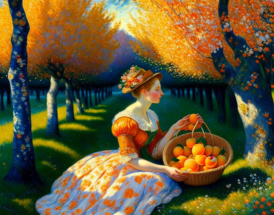 Woman in vintage dress sitting in vibrant orange orchard with fruit basket and sun filtering.