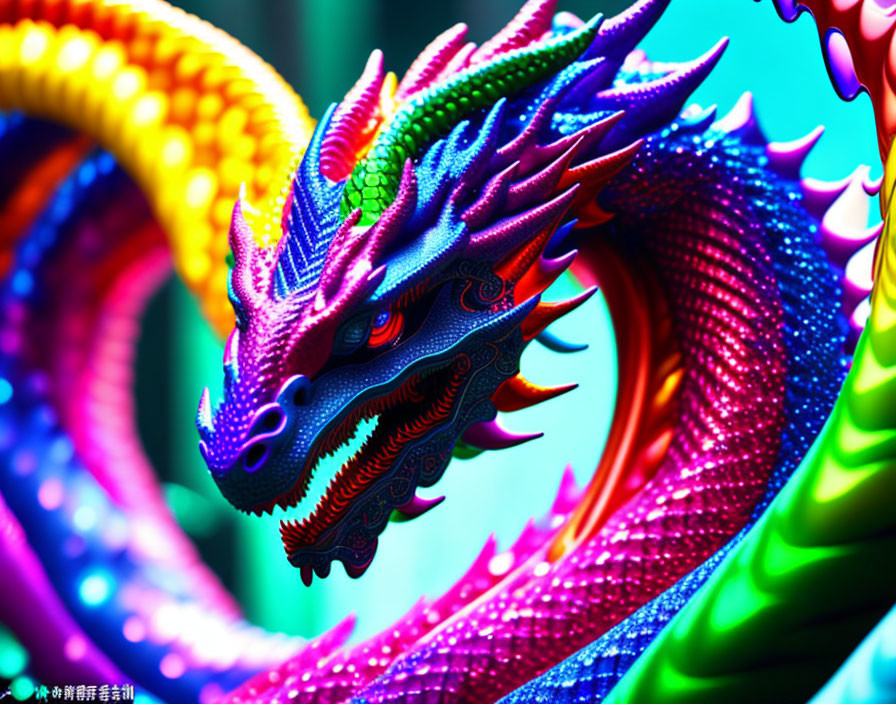 Vibrant digital illustration: Colorful dragon with neon scales
