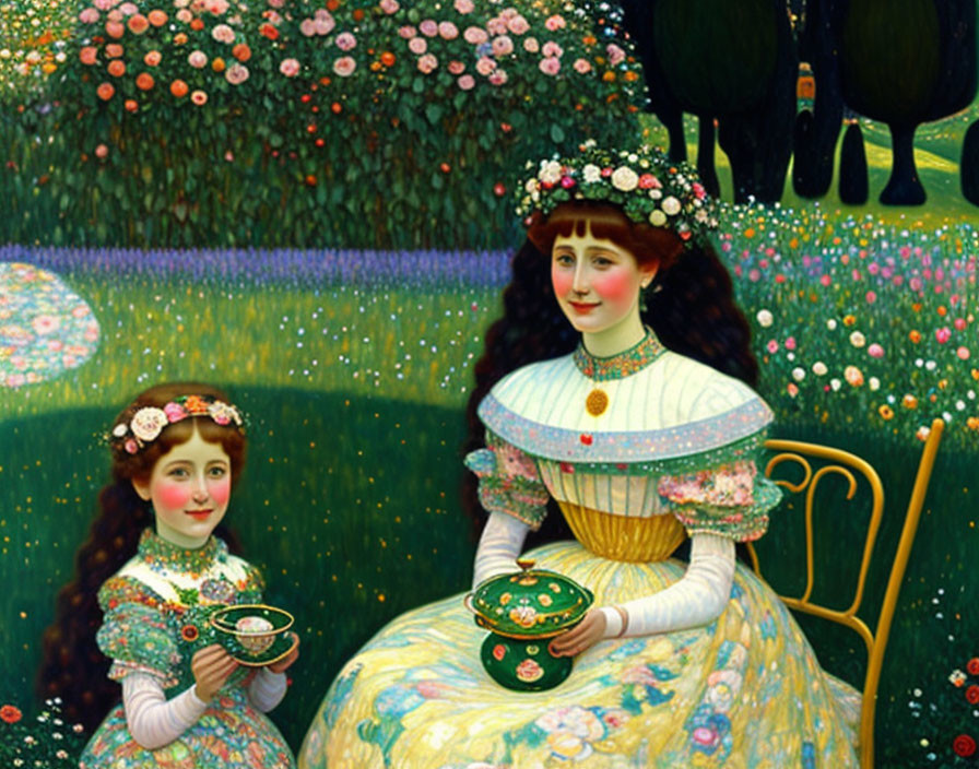 Two women in vintage dresses with floral headbands, holding bowls in whimsical garden.