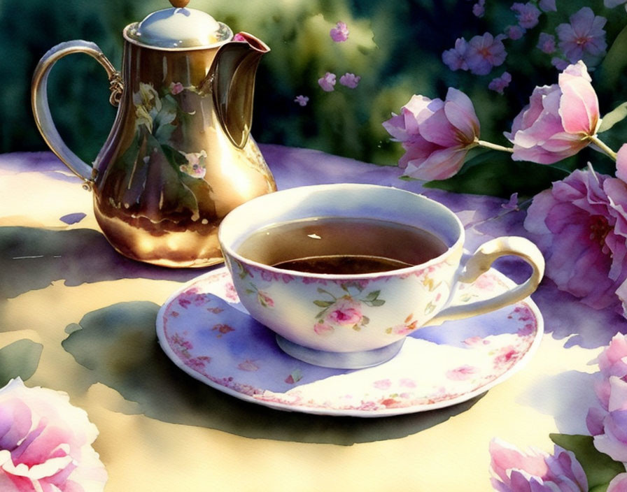 Floral-patterned teacup, teapot, and roses on sunlit table