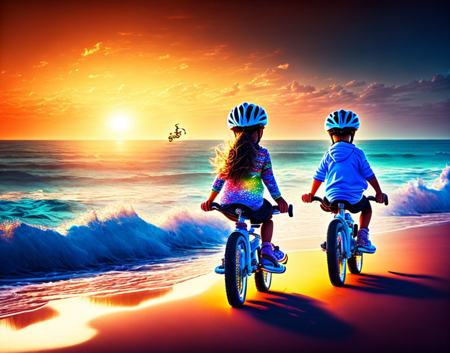 Children biking on beach at sunset with vibrant sky and reflective sand