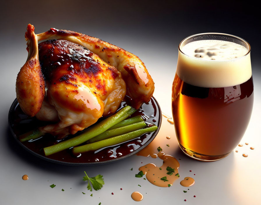 Roasted chicken with green beans and dark beer on reflective surface