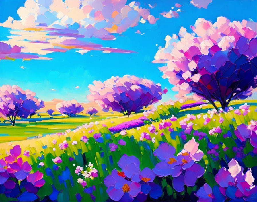 Colorful Landscape Painting with Purple Trees and Meadow Flowers
