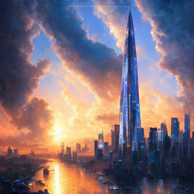 Futuristic cityscape at sunset with skyscrapers, river, and dramatic clouds