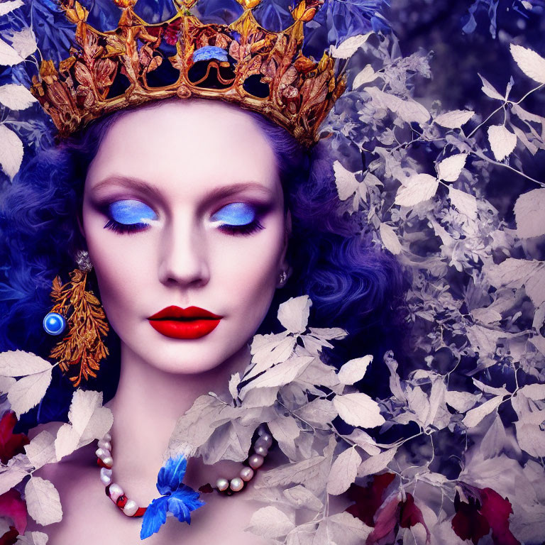 Woman with Blue Hair and Golden Crown in Purple Leaves Backdrop