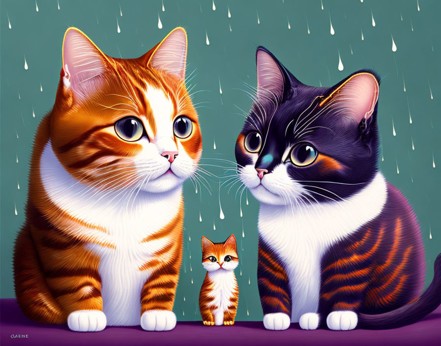 Colorful cats and kitten with raindrops illustration.