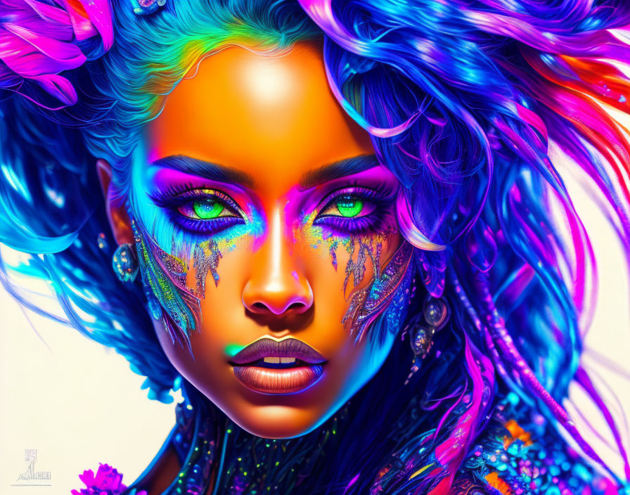 Colorful digital artwork: Female figure with multi-colored hair and neon makeup