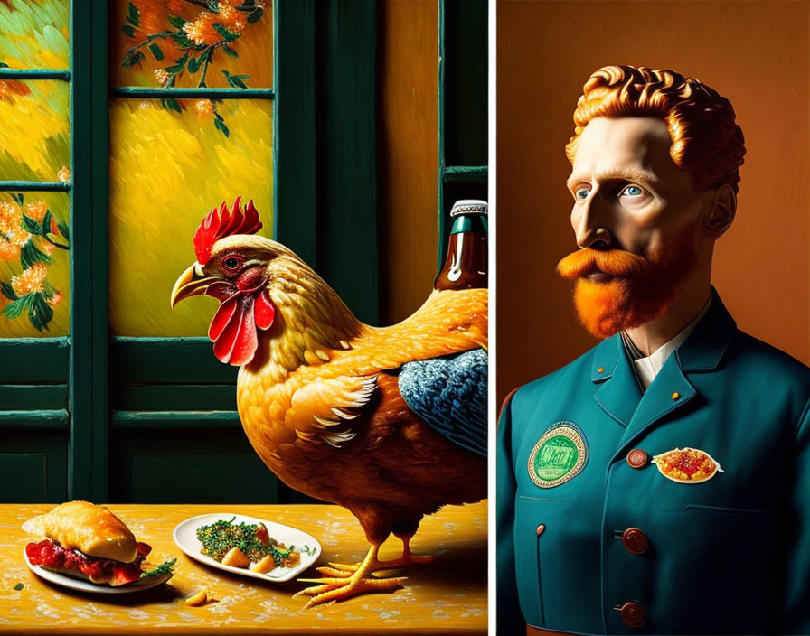 Whimsical diptych featuring chicken and man with red beard uniform.