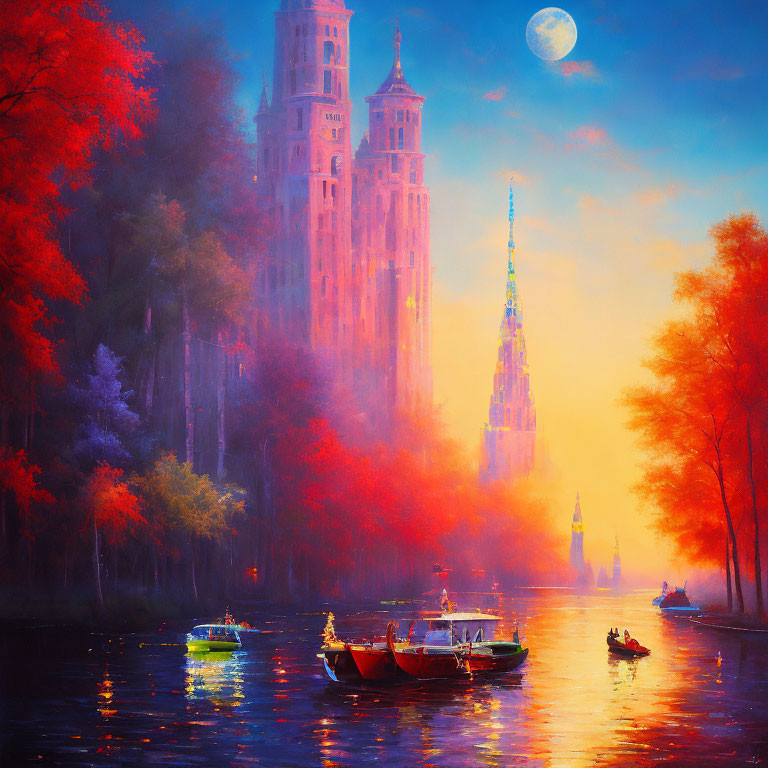 River Boats Painting with Lit Cathedral and Autumn Trees in Moonlight