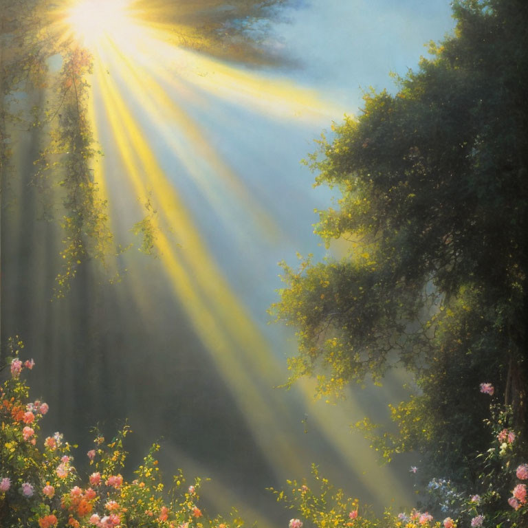 Misty forest with sun rays and colorful flowers