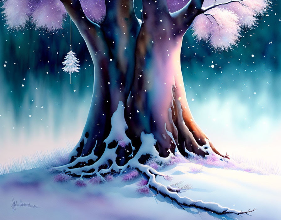 Vibrant tree in snow-covered winter scene