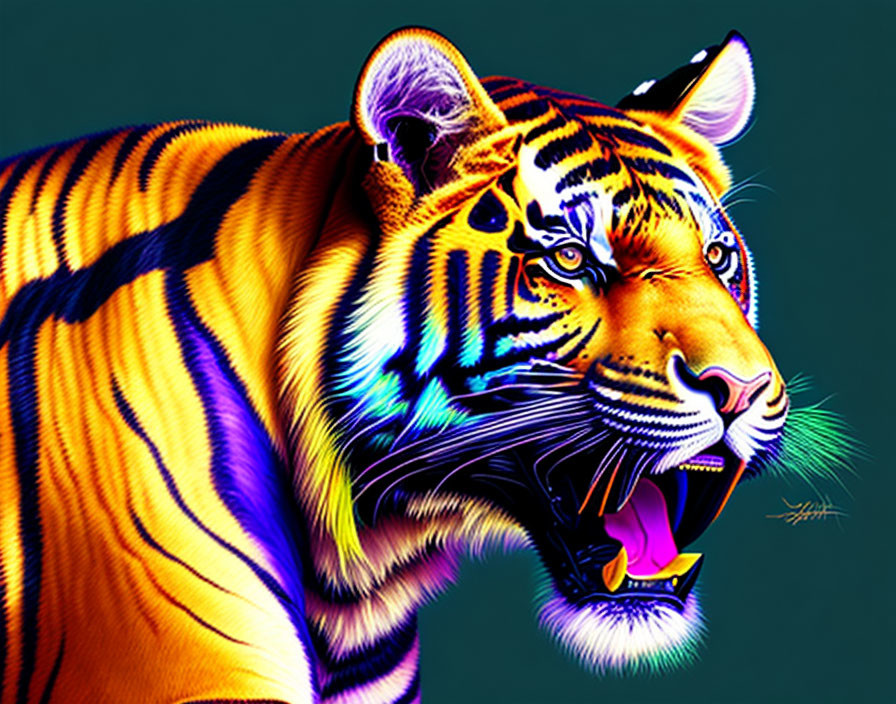Colorful Tiger Digital Artwork on Teal Background with Roaring Pose