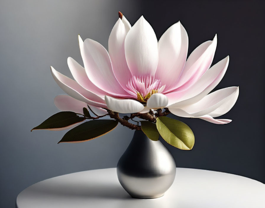 Pink and White Magnolia Flower in Silver Vase on White Table