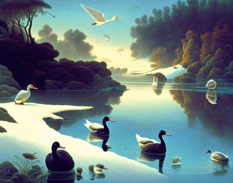 Tranquil lake with ducks, lush greenery, and twilight sky