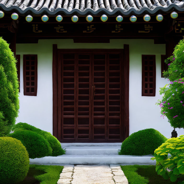 East Asian Style Architecture: Wood Doors, White Walls, Tiled Roof & Green Bushes