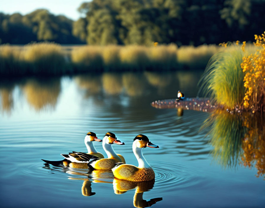 Tranquil lake scene: Three ducks, lush vegetation, clear blue sky