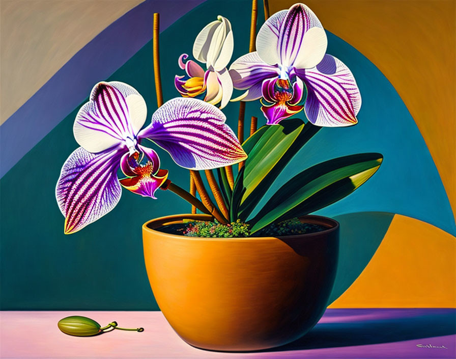 Colorful Orchids Painting on Geometric Background