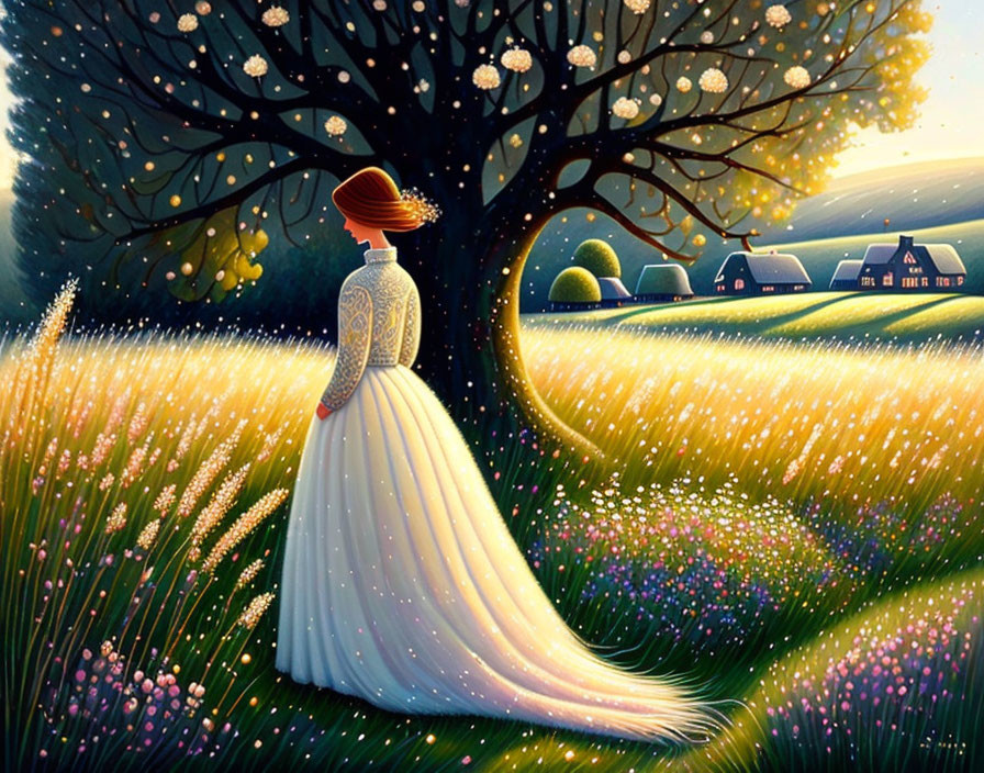 Woman in White Dress Standing in Flowering Meadow at Sunset with Glowing Tree and Cottages