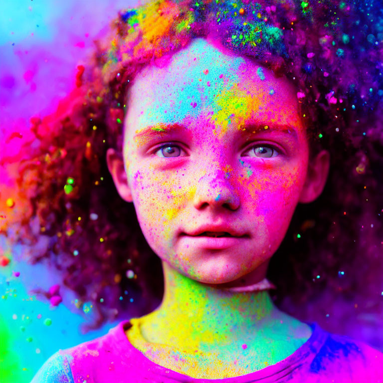 Child with Curly Hair and Rainbow Face Paint Portrait