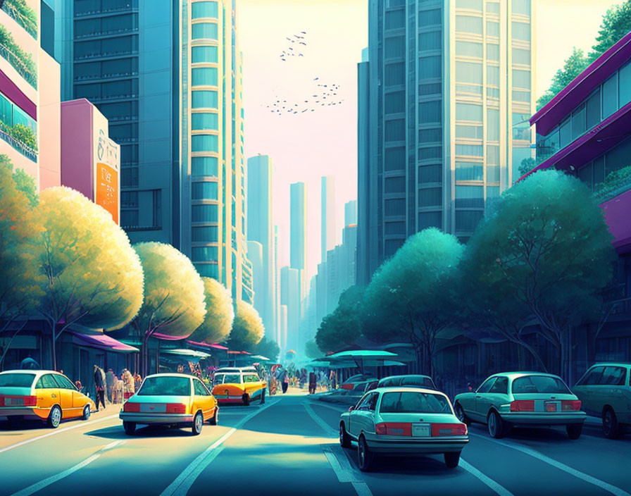 Cityscape animation: urban street, cars, trees, skyscrapers under hazy sky