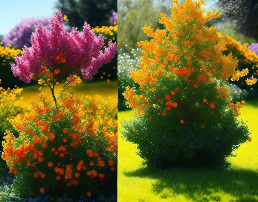 Colorful collage of pink and orange flowering shrubs in a lush field.