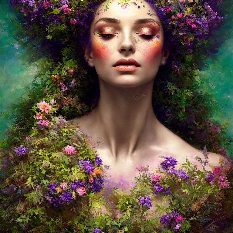 Portrait of person with vibrant floral adornments and colorful makeup