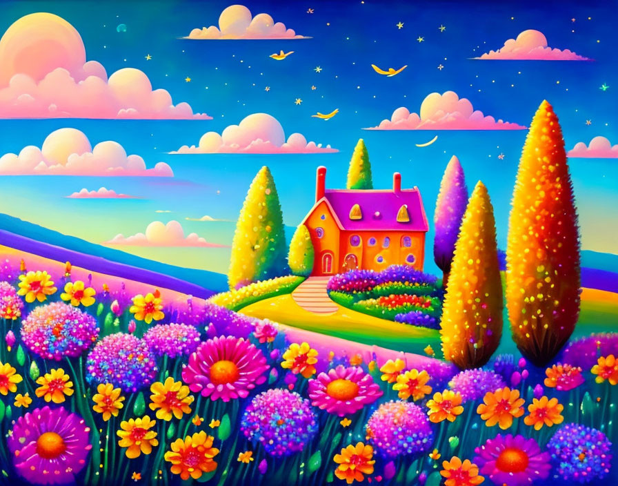 Colorful Landscape Painting with Quaint House, Trees, Flowers, and Starry Sky