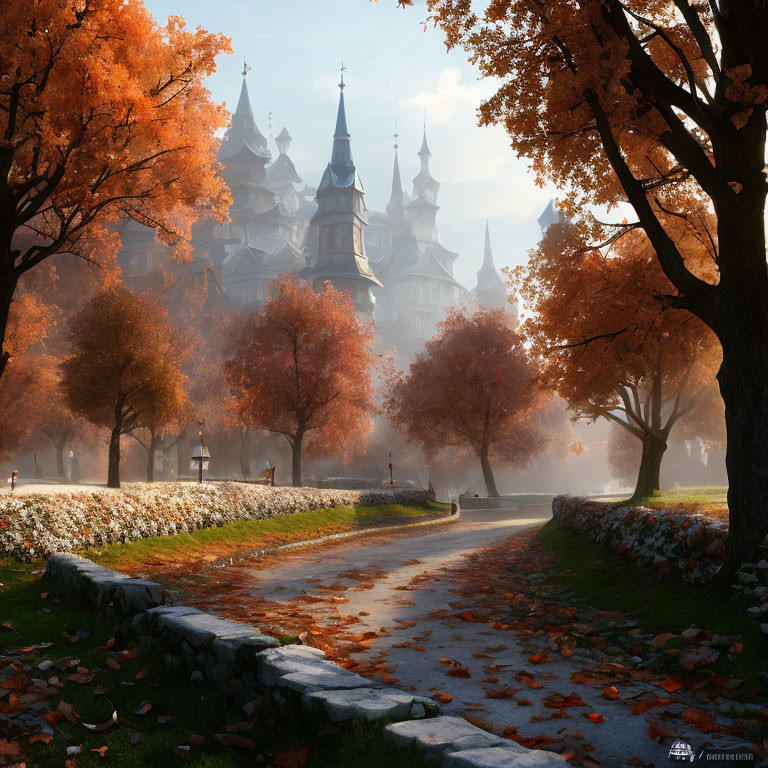 Majestic castle in serene autumn setting with orange trees and cobblestone path