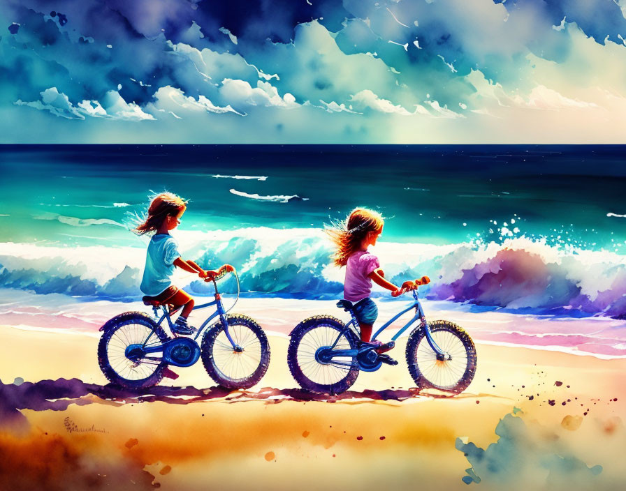 Children biking by the sea under vibrant sky with crashing waves