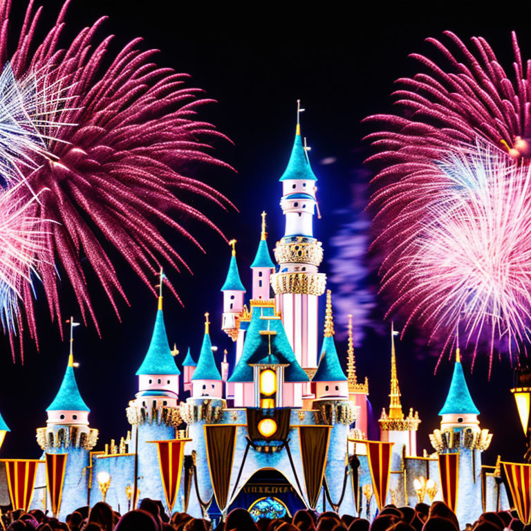 Majestic castle with golden accents under pink fireworks