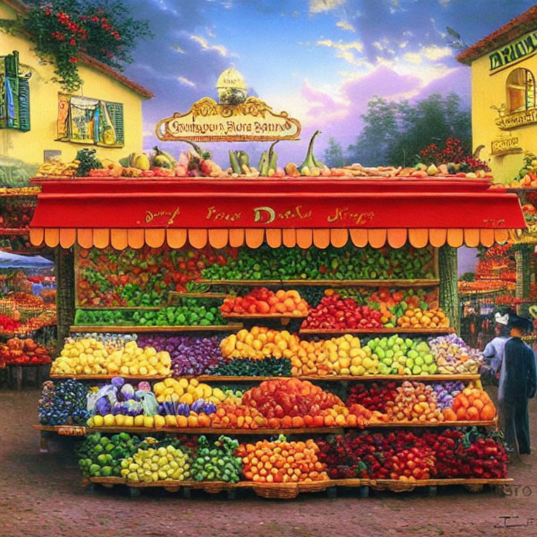 Colorful Fruit Stand in Lively Market Setting