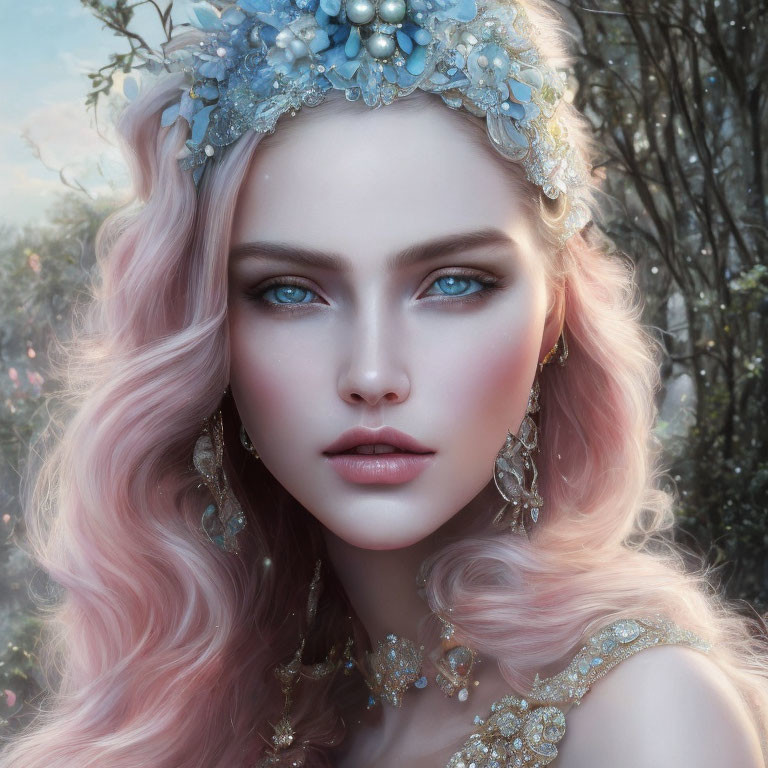 Portrait of young woman with pastel pink hair and intricate jeweled headpiece
