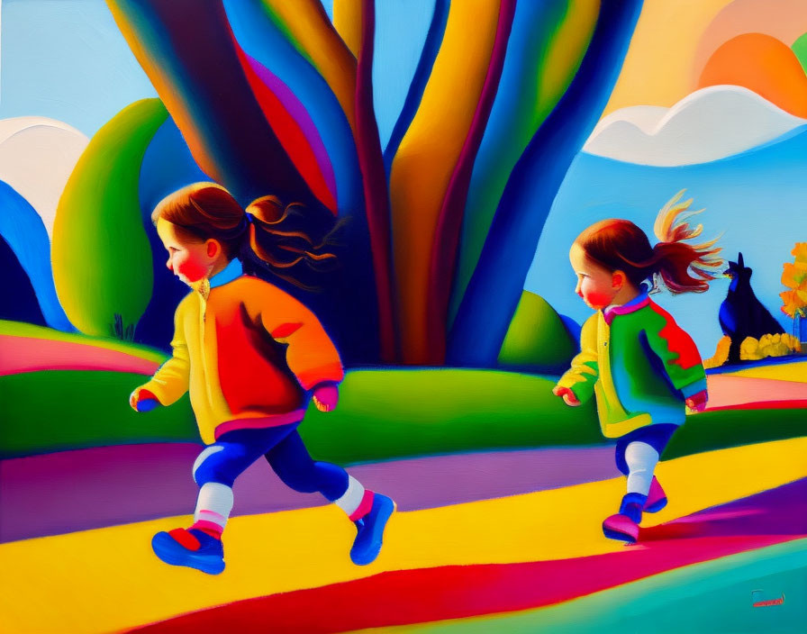Vibrant, colorful scene: children playing on whimsical path amid bright hills