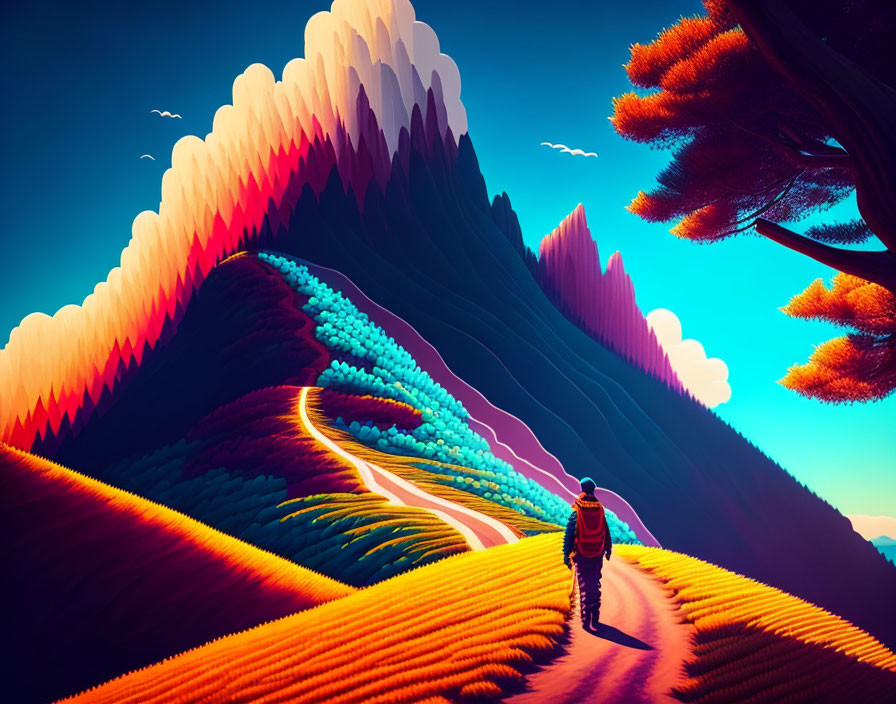 Traveler with backpack walks on vibrant path through surreal, colorful mountains