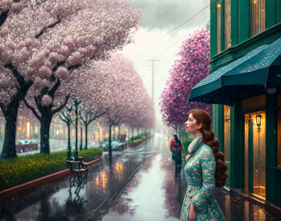 Woman in Green Dress Stands by Shop with Cherry Blossoms in Rainy Street