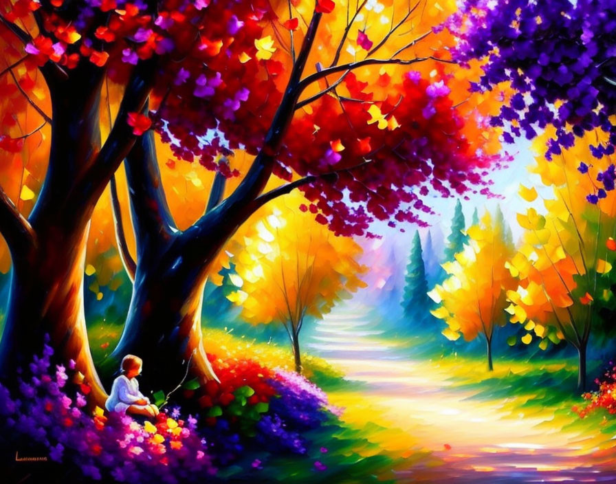 Colorful Autumn Forest Painting with Child Among Foliage