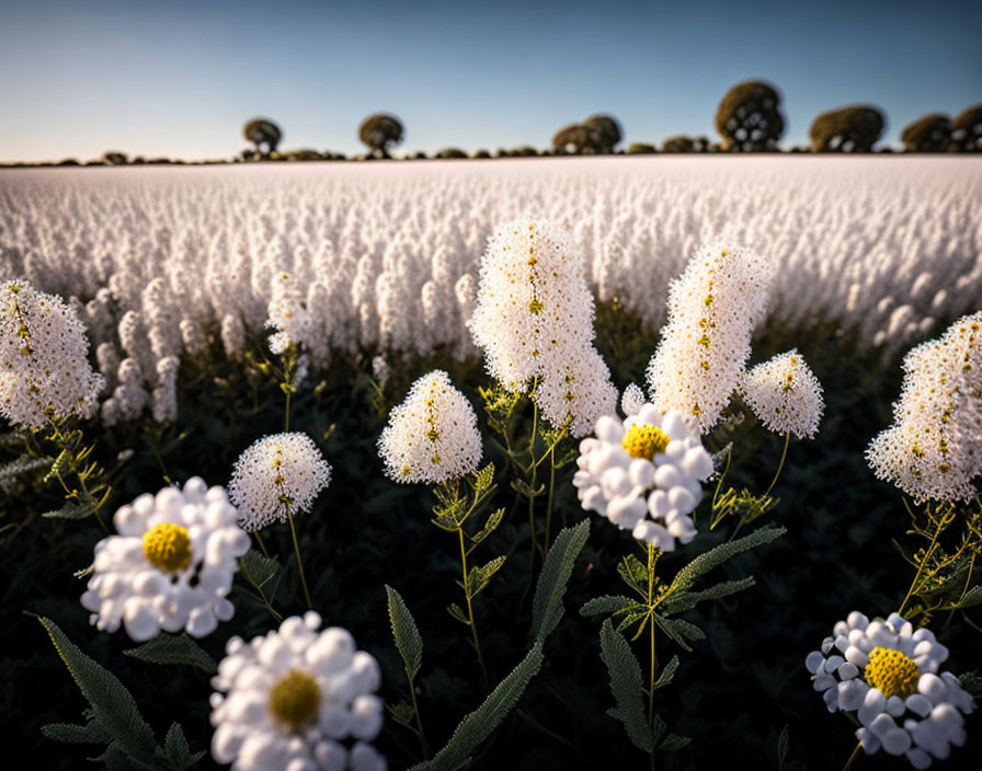 White Blooming Flowers Field with Round-Topped Trees Horizon