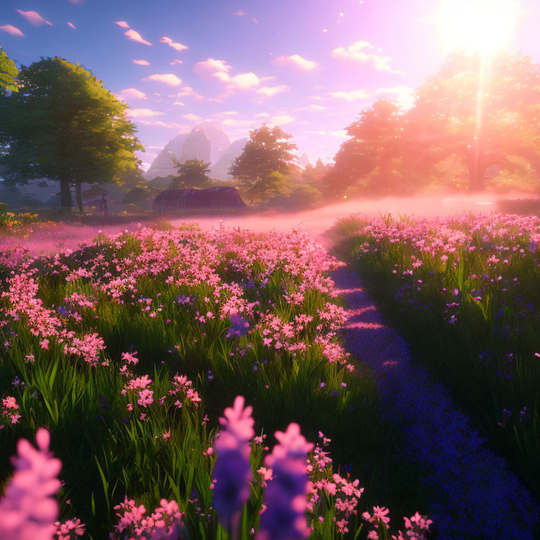 Sunlit Path Through Field of Pink and Purple Flowers in Misty Forest