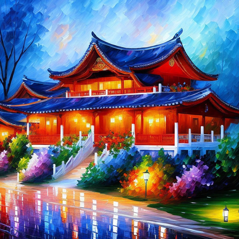 Colorful East Asian temple painting with flowers and wet surface.