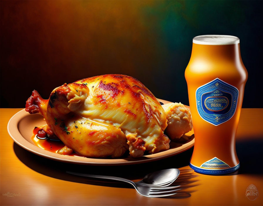 Plate of Roasted Chicken with Tomatoes and Beer on Dark Background