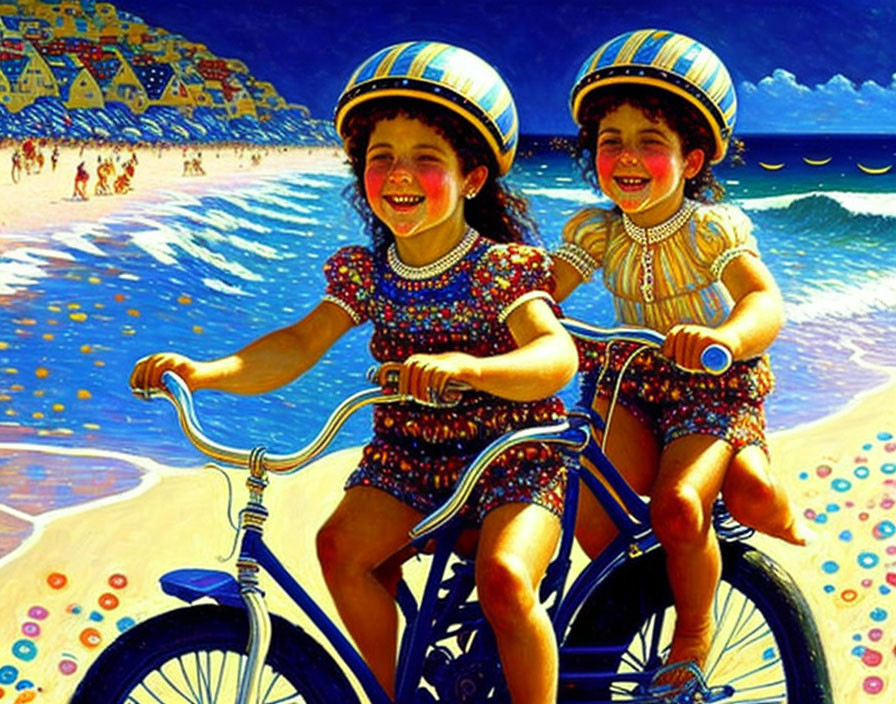 Children in sequined outfits ride bicycle on sunny beach.