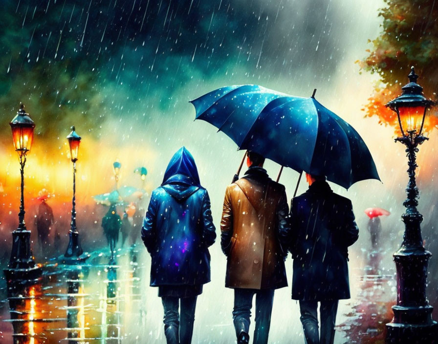 Rainy street scene: Two people with umbrellas walking under colorful lamp posts
