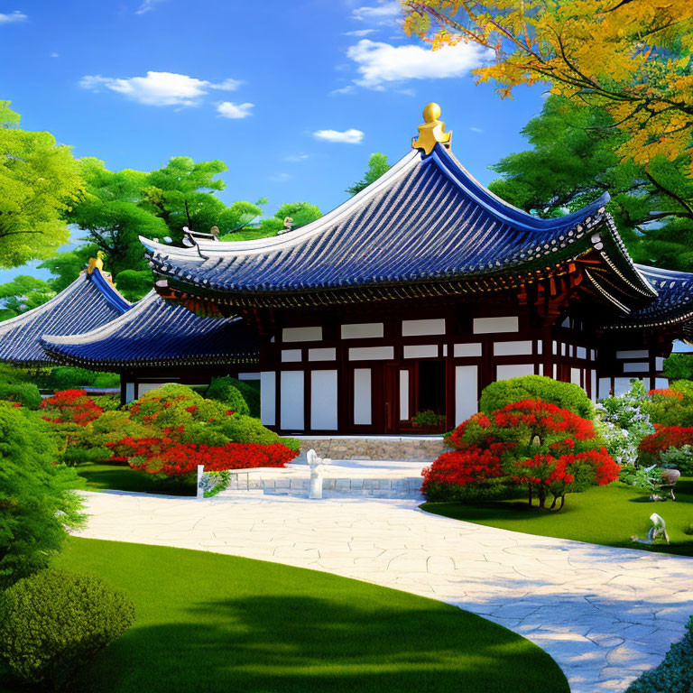 Traditional Asian-style Pavilion with Blue Tiled Roofs and Lush Gardens