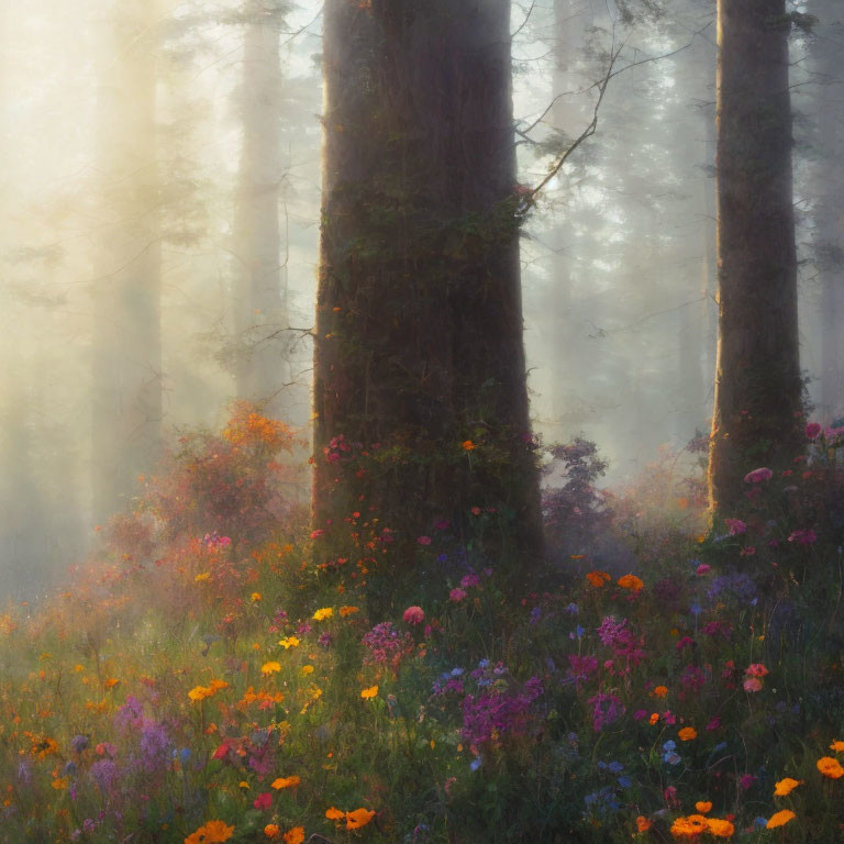 Misty forest with wildflowers under tall, mossy trees